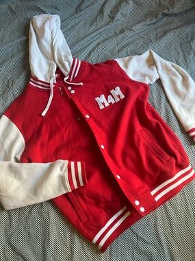 4/$20 Red and White Hooded Varsity Letterman Jacket "M4M" Mens Small/Medium